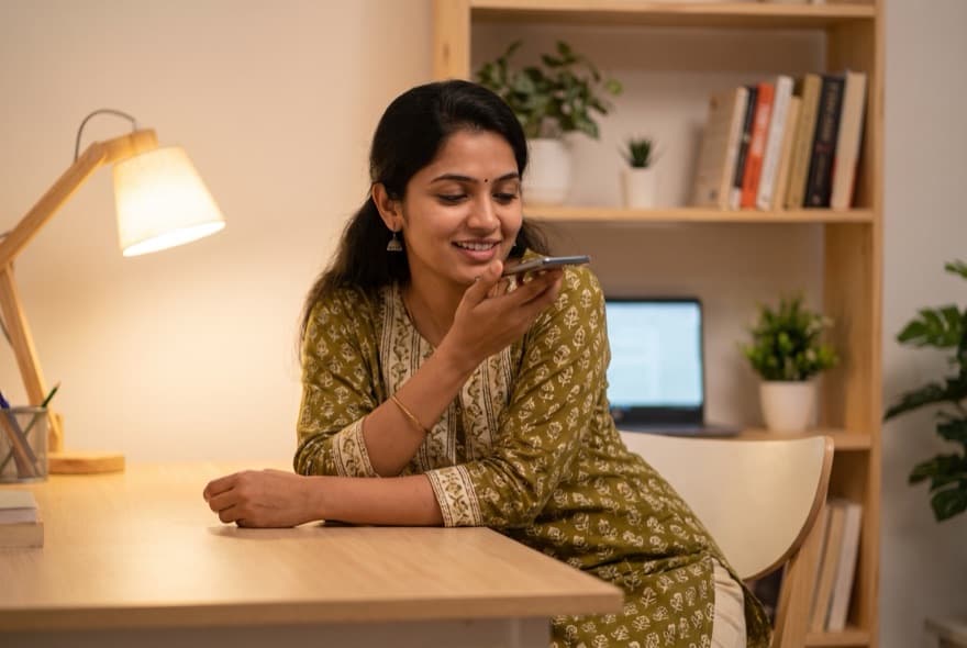 A young woman records her voice into her phone at a desk, lit by a single lamp at night.