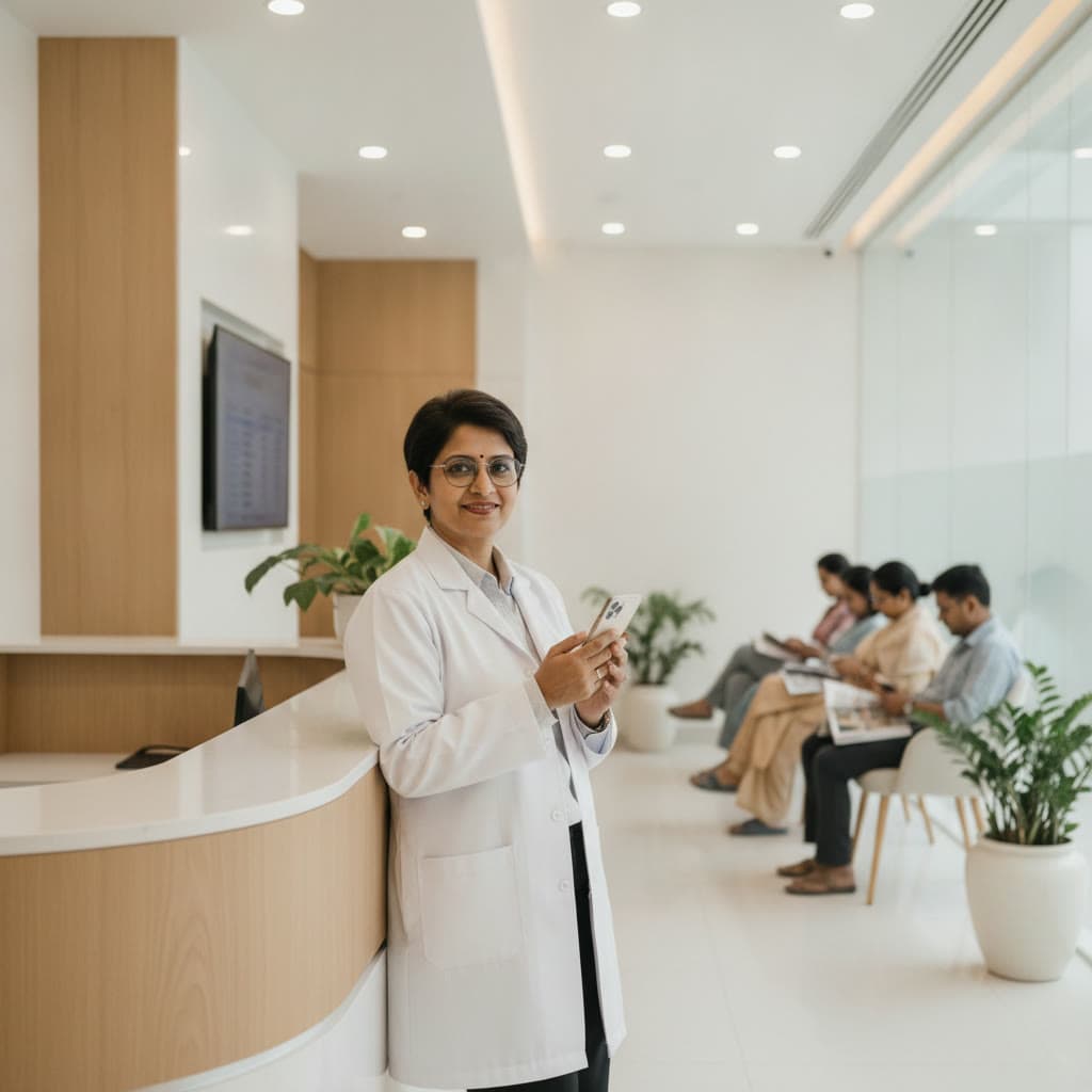 A doctor at her clinic's reception, checking the appointments NaCaller confirmed by phone.