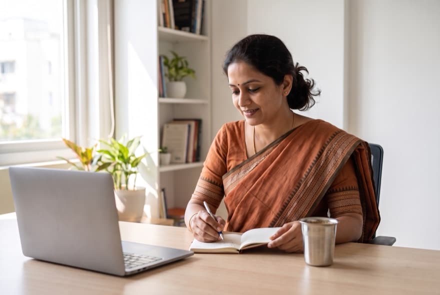 A woman running a small business makes notes at a bright, tidy desk beside her laptop.