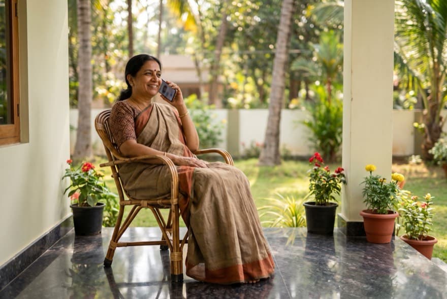 A woman in her fifties sits on the verandah of her home in coastal Andhra, smiling as she listens on her mobile phone.