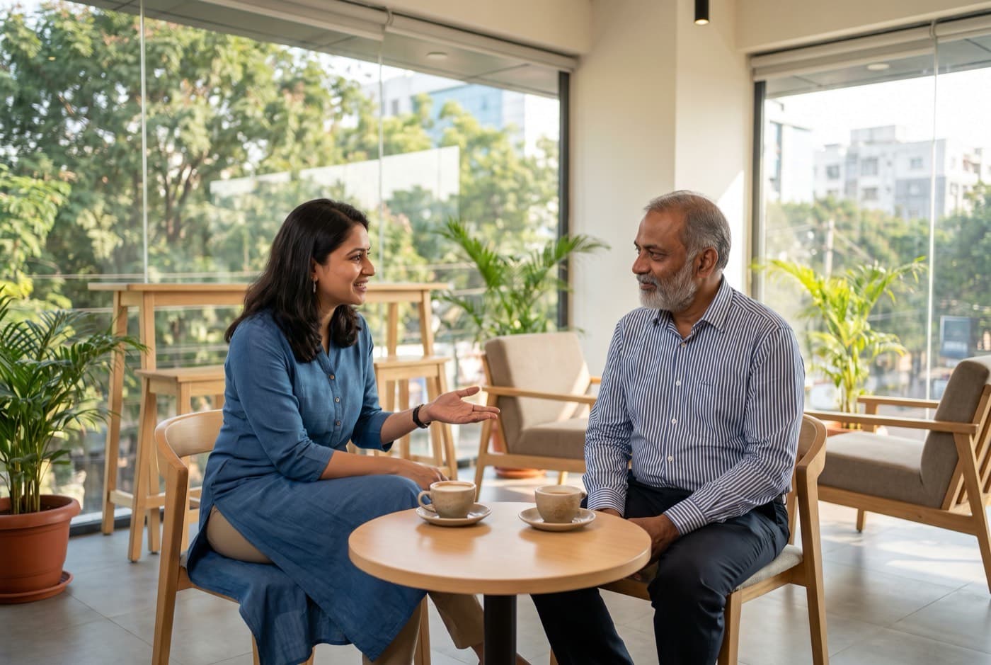 Two business people across a small table, one asking a question, the other listening.